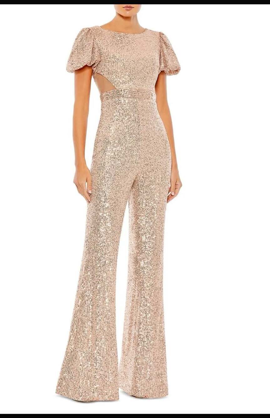 NWT IEENA for MAC DUGGAL 11273 Sequined Cut Out Wide Leg Jumpsuit Blush Size 8